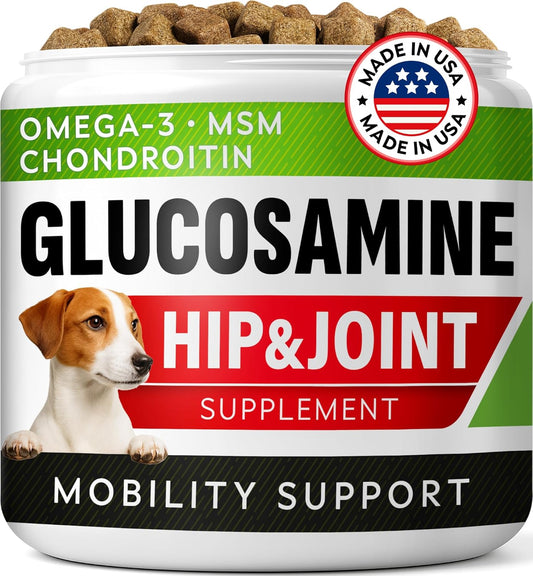 Glucosamine Treats for Dogs - Joint Supplement W/Omega-3 Fish Oil - Chondroitin, MSM - Advanced Mobility Chews - Joint Pain Relief - Hip & Joint Care - Chicken Flavor - 120 Ct - Made in USA