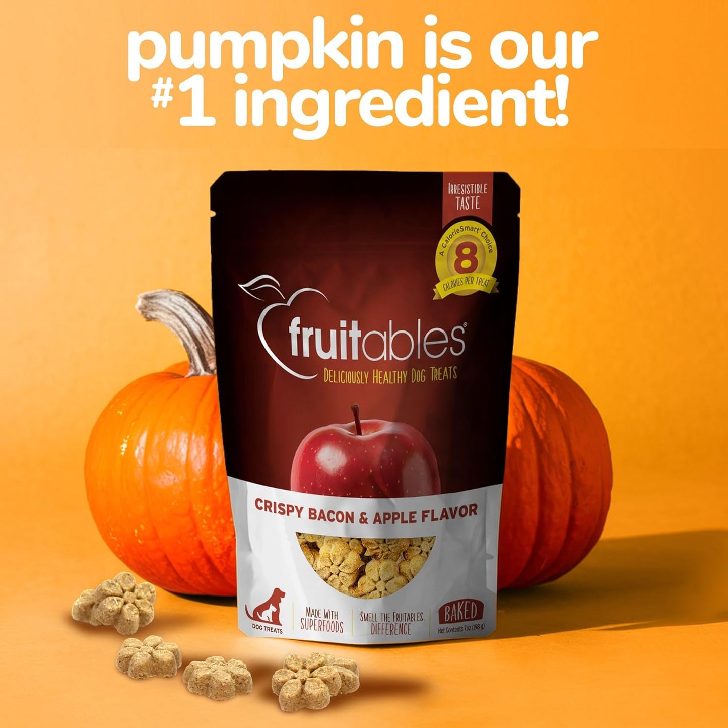 Baked Dog Treats, Healthy Pumpkin Treat for Dogs, Low Calorie & Delicious, Free of Wheat, Corn and Soy, Made in the USA, Apple and Crispy Bacon Flavor, 12Oz