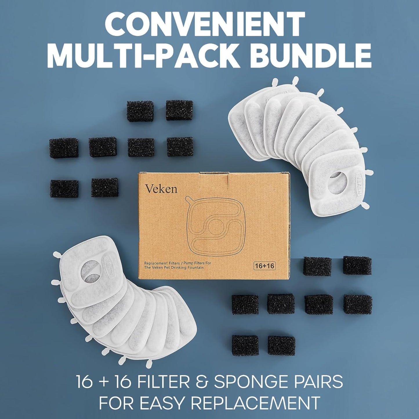 Cat Water Fountain Filters, 16 Pack Replacement Filters & 16 Pack Replacement Pre-Filter Sponges Set for 50Oz, 84Oz, 95Oz Automatic Pet Fountain Dog Water Dispenser