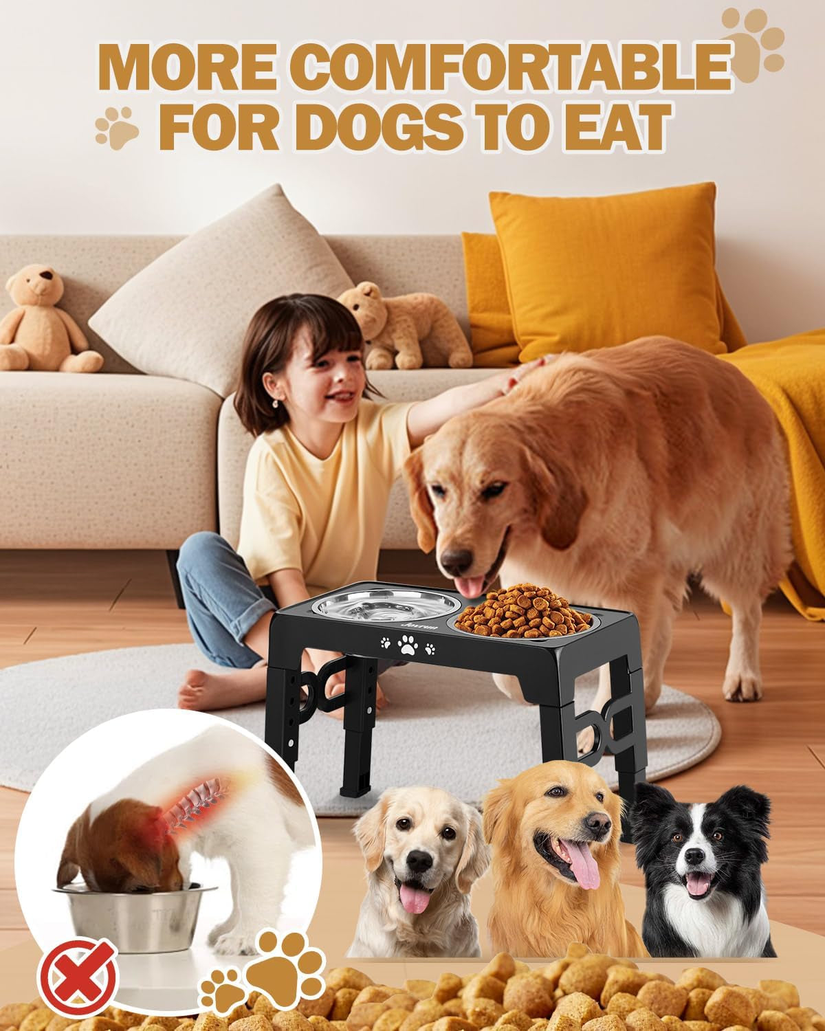 Elevated Dog Bowls, Dog Feeder with 2 Stainless Steel Dishes &1 Slow Feeder Bowl, 5 Heights Adjustable Raised Stand for Medium Large, Food Dishes with Non-Slip Feet