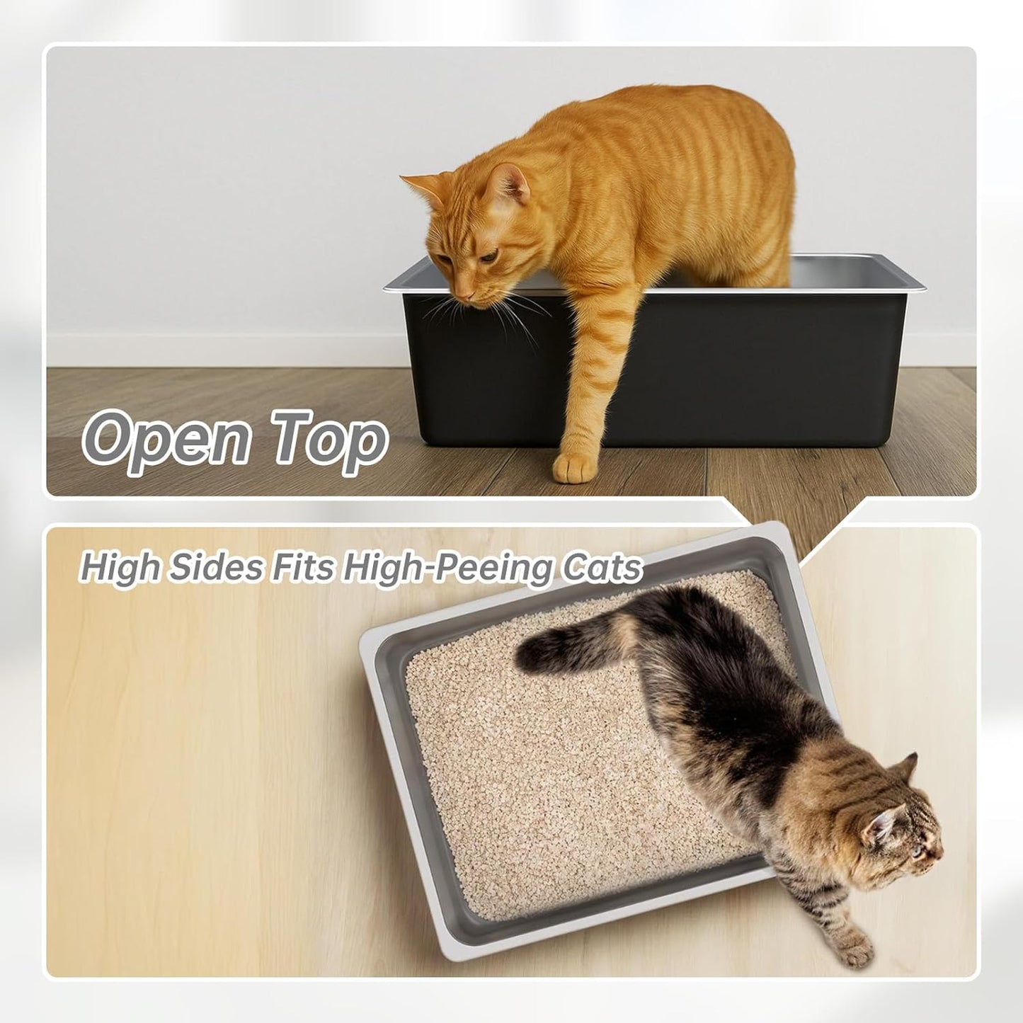 Stainless Steel Litter Box - Metal High Sided Cat Litter Box Pan, Never Absorbs Smell, Easy to Clean Non Stick Cat Litterbox Tray Toilet Pet Supplies for Indoor Kitty, Kitten, Rabbit, Puppy