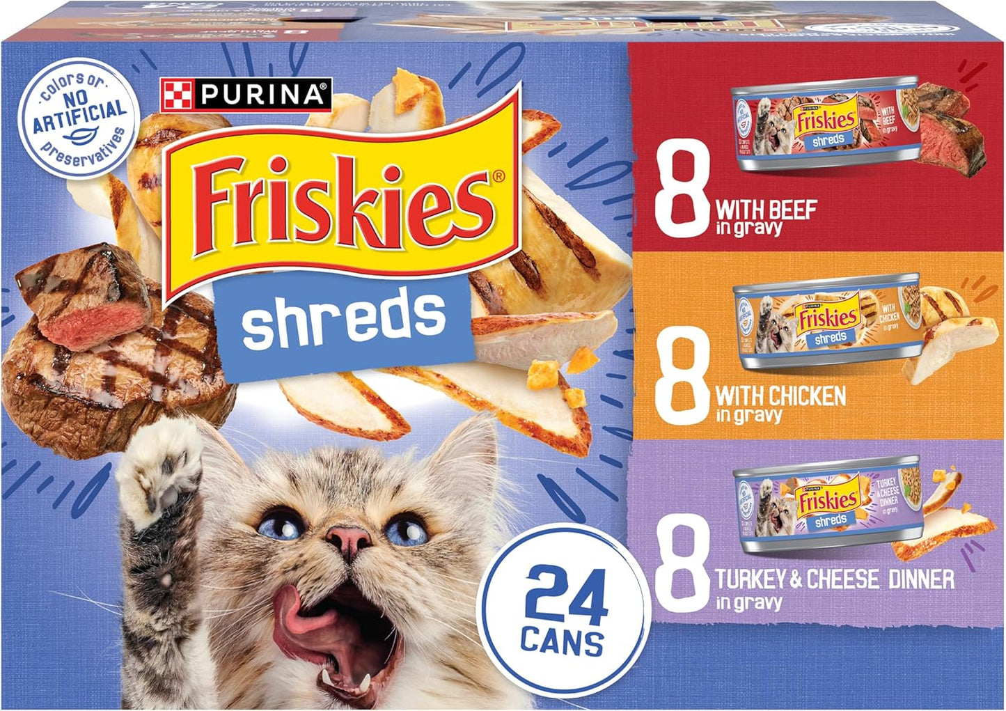 Purina Gravy Wet Cat Food Variety Pack, Shreds with Beef, with Chicken, and Turkey and Cheese Dinner - (Pack of 24) 5.5 Oz. Cans