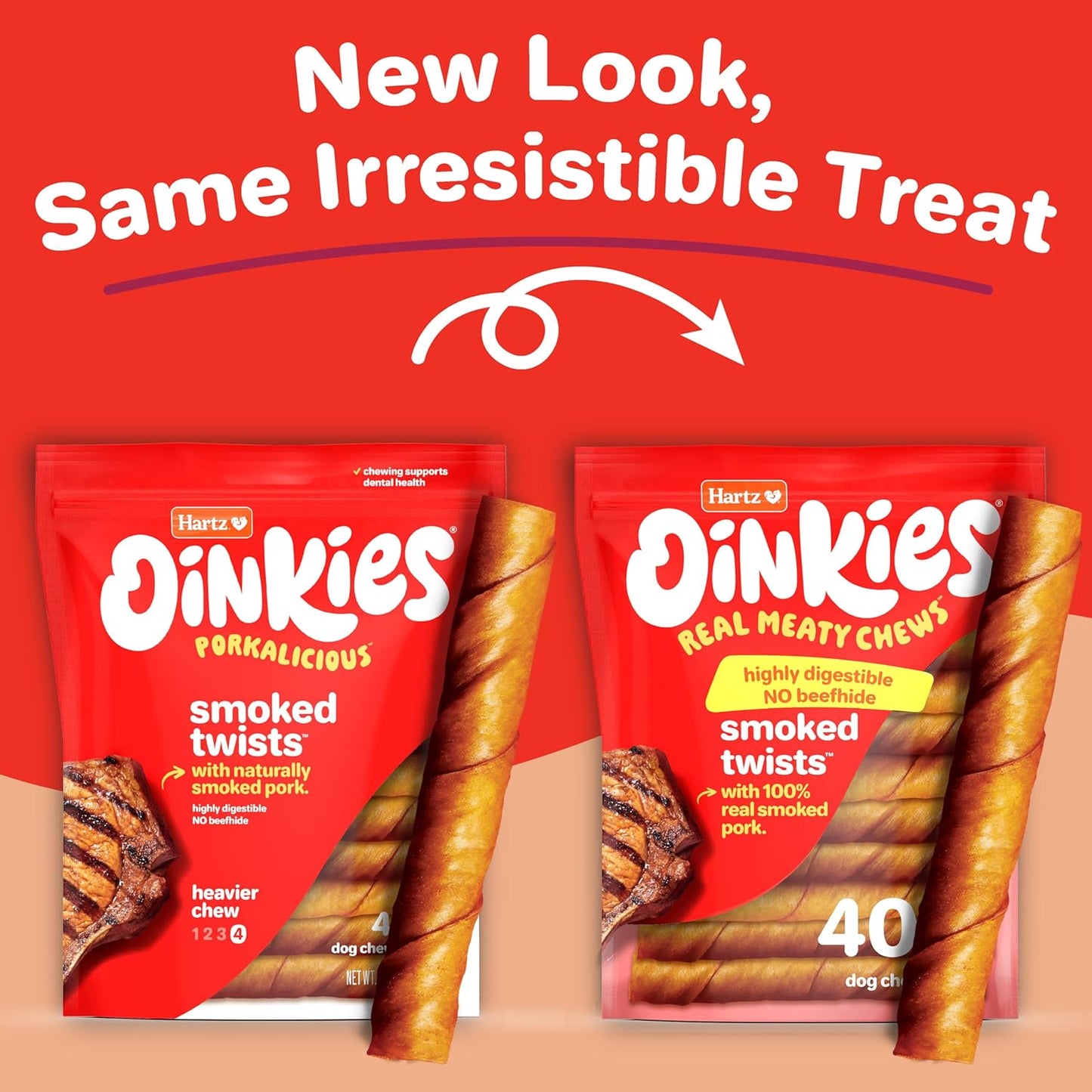 Oinkies Smoked Twists with Naturally Smoked Pork Rawhide-Free Dog Treats, Highly Digestible Long Lasting Dog Chews, 40 Count
