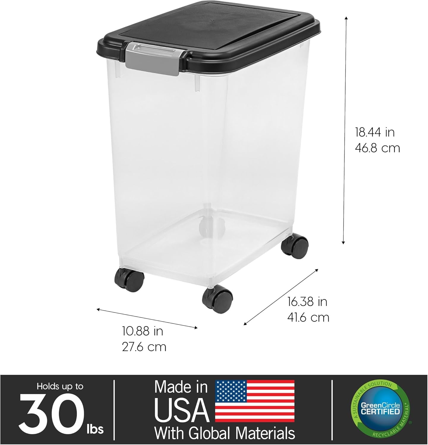 IRIS USA Airtight Pet Food Storage Container with Wheels, Black, 30 Lb Capacity - Bpa-Free Clear Plastic Bin with Snap-Lid Seal to Keep Kibble, Pellets or Seeds Fresh for Dogs, Cats and Birds