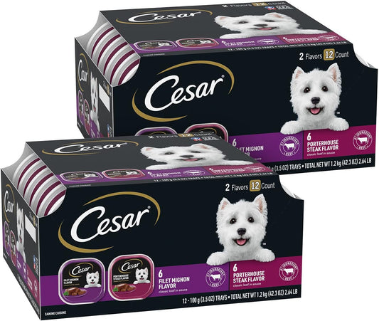Wet Dog Food Classic Loaf in Sauce Filet Mignon and Porterhouse Steak Flavors Variety Pack, 3.5 Oz. Easy Peel Trays (12 Count, Pack of 2)
