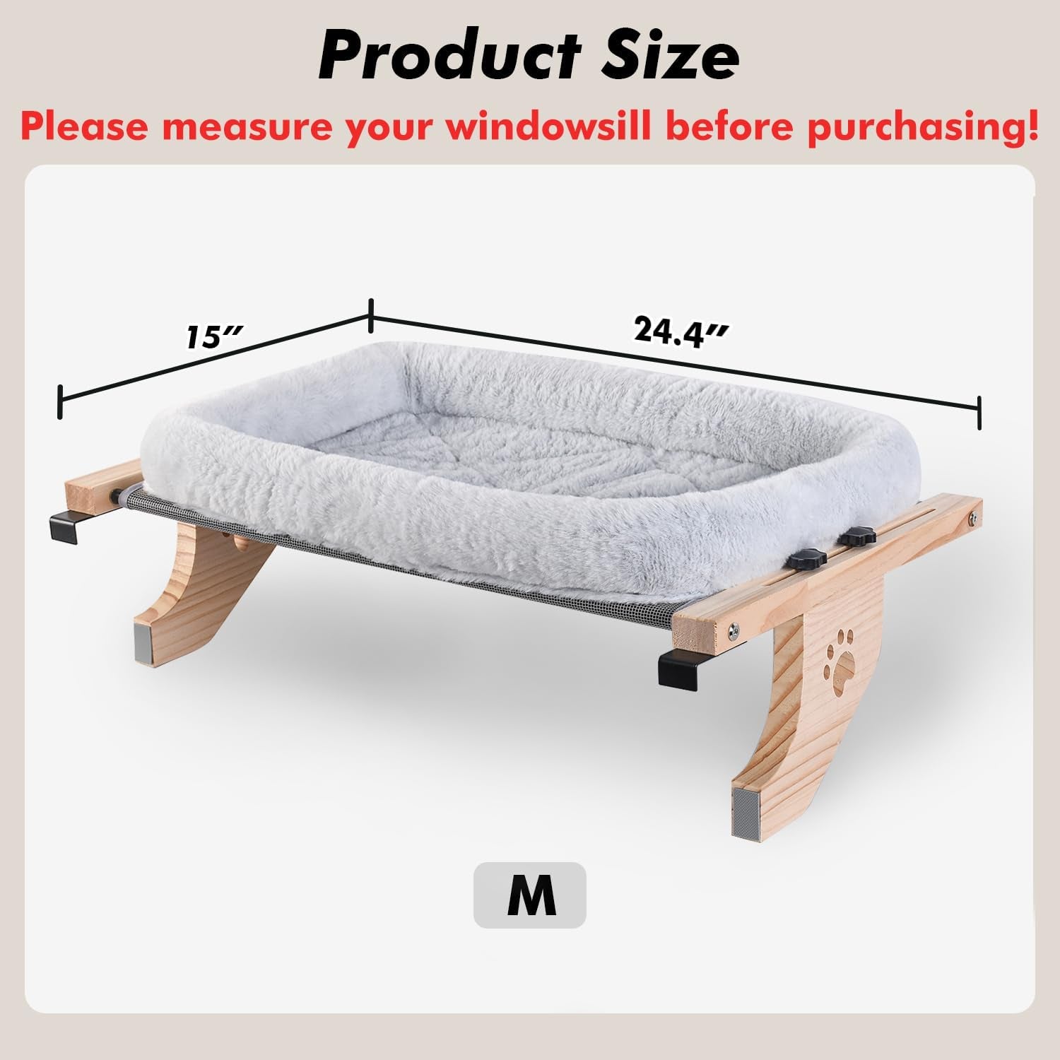 Cat Sill Window Perch Sturdy Hammock Window Seat with Cushion Cover, Wood & Metal Frame for Large Cats, Easy to Adjust Cat Bed for Windowsill, Bedside, Drawer and Cabinet (L)