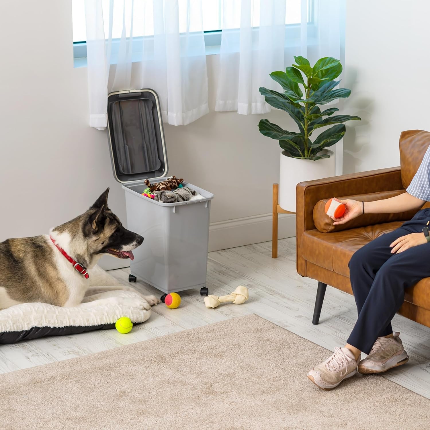 Dog Food Storage Container with Wheels, Airtight Lid, 2-Cup Scoop, up to 30 Pounds Pet Food Storage, Built in Scoop Storage in Lid, Versatile Pet Food Bin, Portable, BPA Free, Gray/Dark Gray