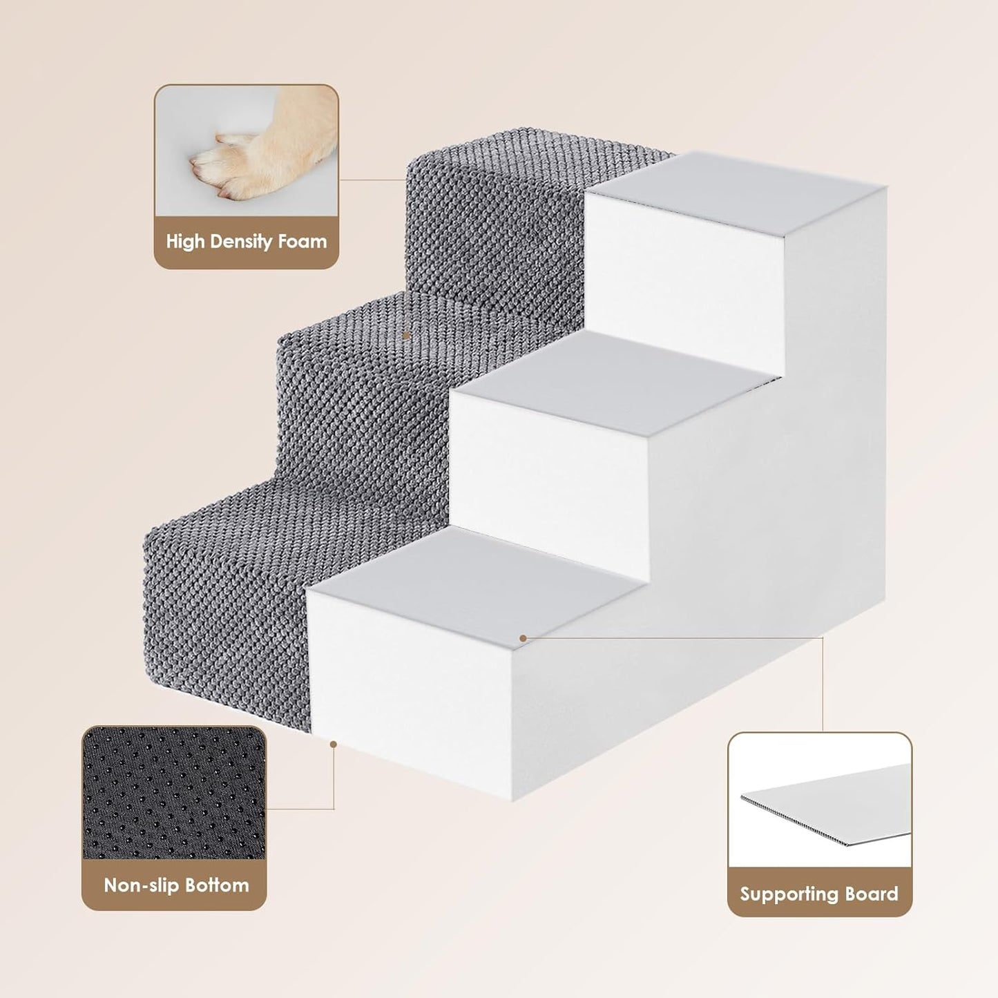 Dog Stairs for Small Dogs 13.5" H, 3-Step Dog Steps for Couch Sofa and Chair, Pet Steps for Medium Cats, Non-Slip Balanced Pet Ramp Indoor, Grey