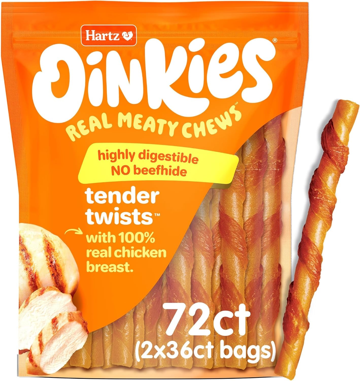 Oinkies Tender Twists with Real Chicken Breast Rawhide-Free Dog Treats, Highly Digestible Dog Chews, 72 Count
