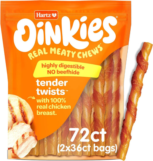 Oinkies Tender Twists with Real Chicken Breast Rawhide-Free Dog Treats, Highly Digestible Dog Chews, 72 Count