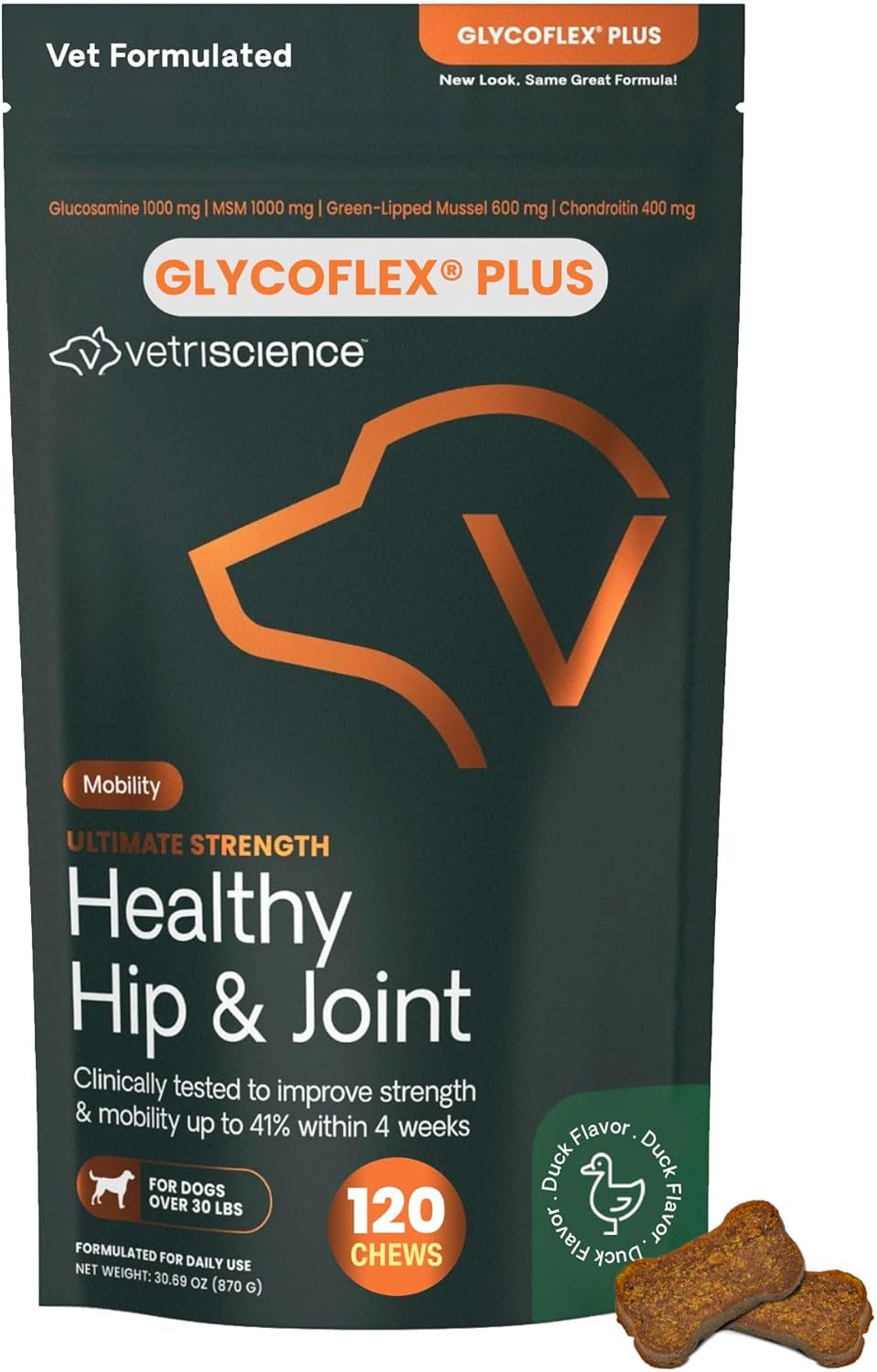 Ultimate Strength Healthy Hip & Joint Chews, Glycoflex Glucosamine, Chondroitin and Green-Lipped Mussel Joint Support Supplement for Dogs, Soothe Joint Discomfort, Duck, 120 Count