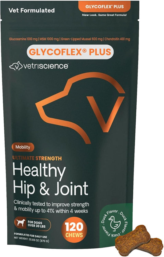 Ultimate Strength Healthy Hip & Joint Chews, Glycoflex Glucosamine, Chondroitin and Green-Lipped Mussel Joint Support Supplement for Dogs, Soothe Joint Discomfort, Duck, 120 Count