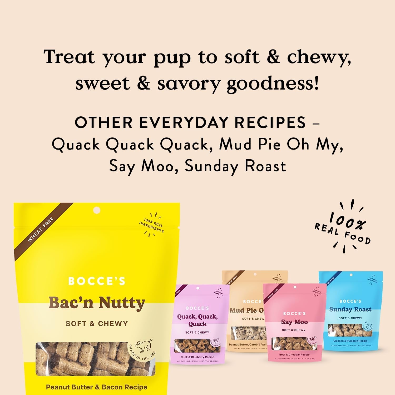 Bac'N Nutty Soft & Chewy Dog Treats, Wheat-Free PB & Bacon Flavored All Natural Limited Ingredient Oven Baked Cookies for Dogs, 6 Oz Bag