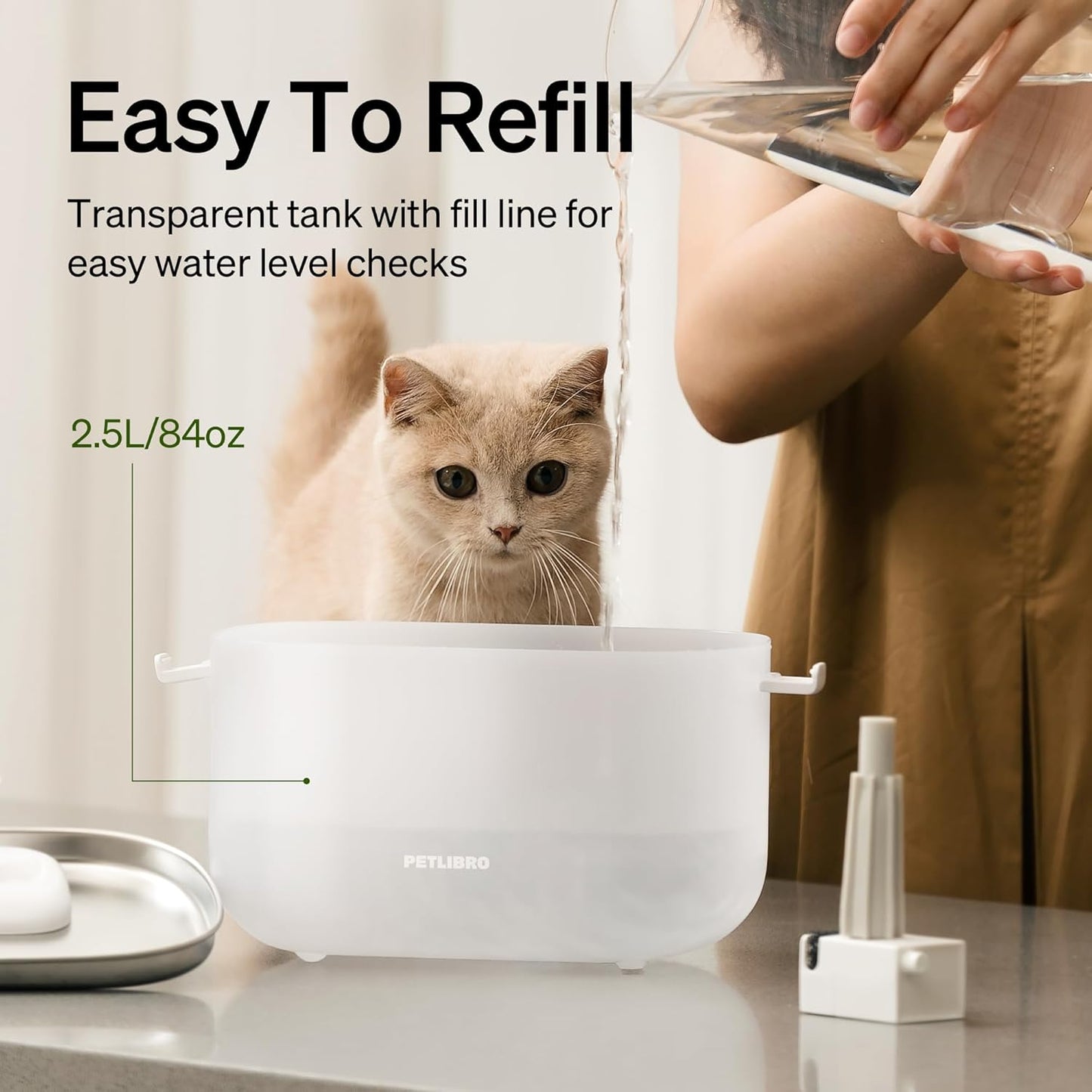 Cat Water Fountain, Cat Fountain Indoor Stainless Steel Tray, 2.5L/84Oz Wireless Pump Pet Water Fountain, Cat Water Dispenser with Two Flow Modes, Pet Fountain for Drinking Easy Clean