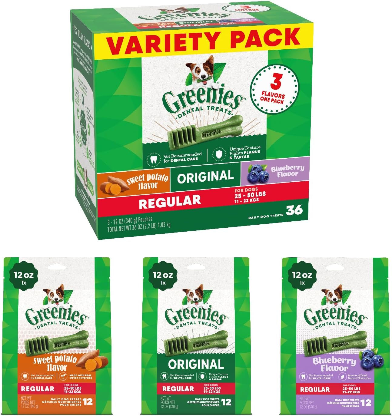 Regular Dental Dog Treats, 3-Flavor Variety Pack, (3) 12 Oz. Pouches, 36 Total Treats