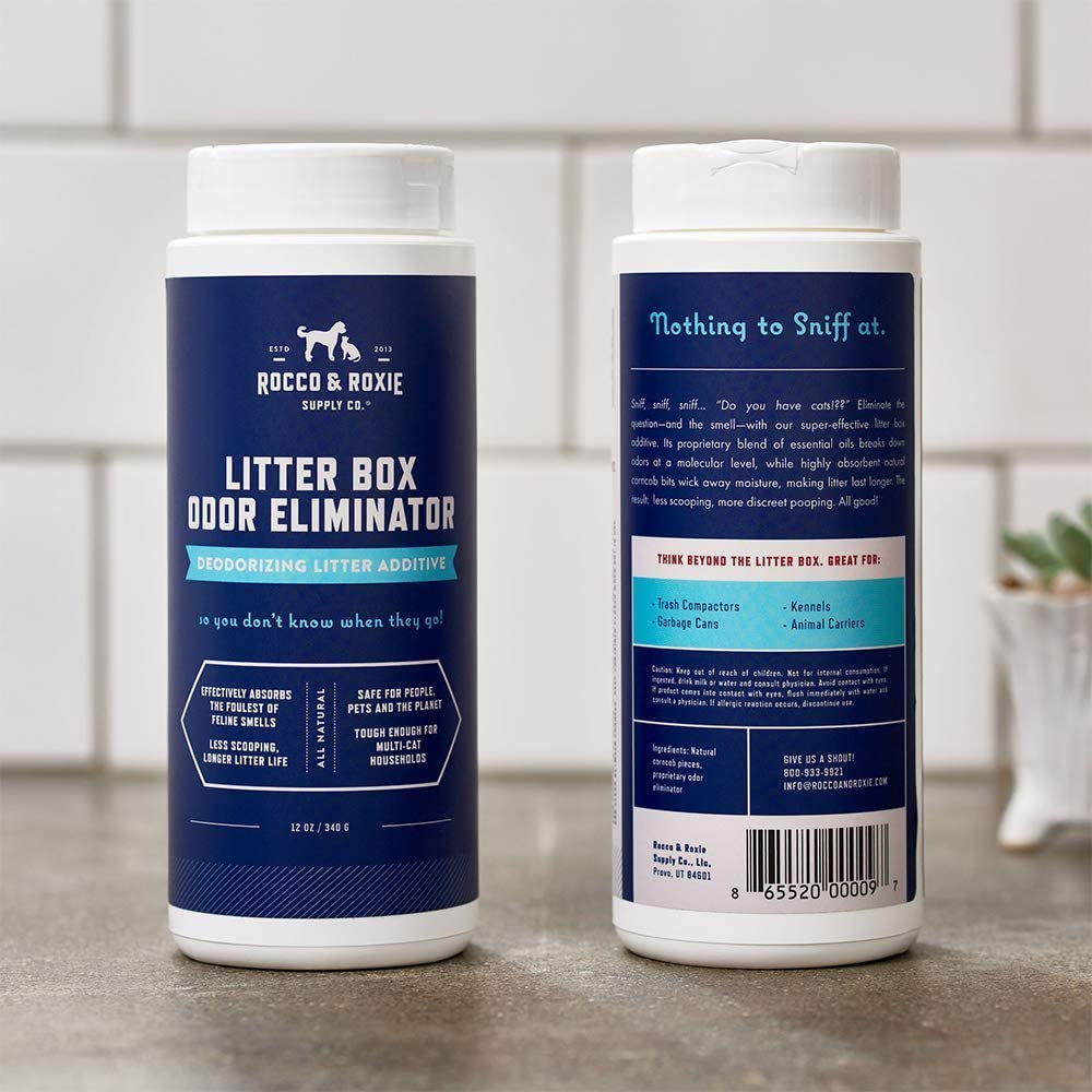 Rocco & Roxie Litter Box Odor Eliminator, Best Natural Urine Deodorizer for Cat Litter Boxes Cats Smell Control, Odor Absorber, Safe for Kitty, 12 Oz