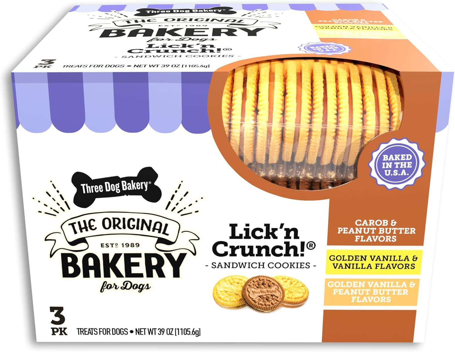 Lick'N Crunch Sandwich Cookies Premium Dog Treats with No Artificial Flavors, Carob/Peanut Butter, Golden/Vanilla, 39 Ounces (Pack of 1)