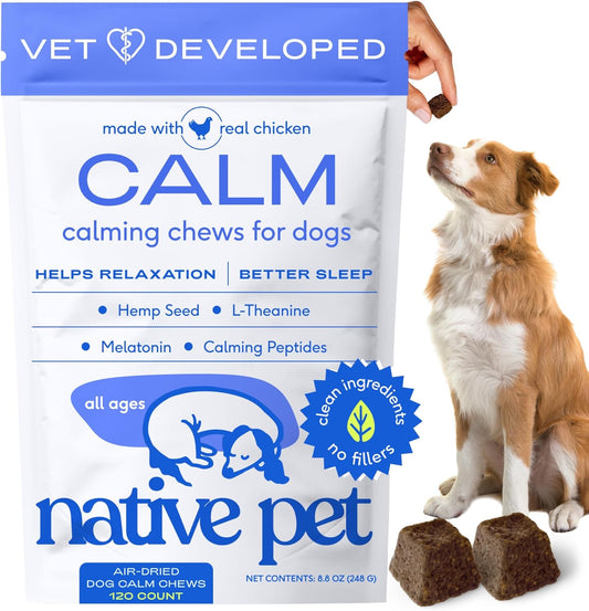 Calming Chews for Dogs - Melatonin for Dogs Anxiety Relief - Grain Free All Natural Hemp Calming Treats & L-Theanine Helps Manage Stress & Separation Anxiety - Puppy Sleep Aid - 120 Chews