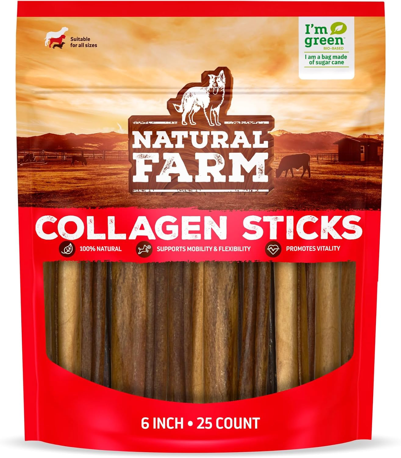 Collagen Sticks for Dogs (6 Inch, 25 Pack), Odor-Free Long Lasting Chews & Rawhide Alternative - 95% Collagen, Low Fat, High Protein - Best Dental Dog Treats - Medium & Large Dogs