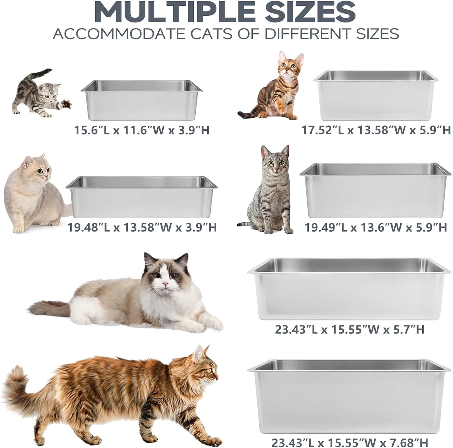 Stainless Steel Cat Litter Box - Metal High Sided Cat Pan, Large Stainless Steel Box, Indoor Litter Tray, Non Stick, No Smell, Easy to Clean, Pet Toilet Supplies for Kitten, Kitty, Rabbit