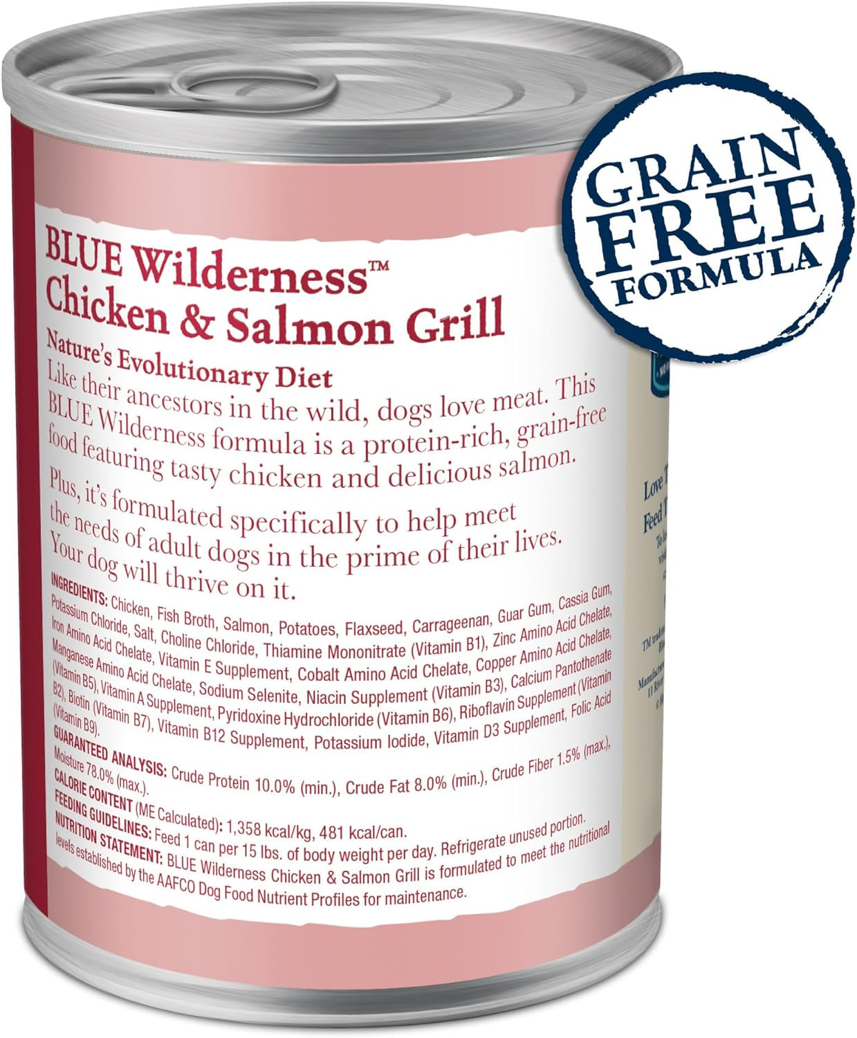 Wilderness Adult Wet Dog Food, High-Protein & Grain-Free, Made with Natural Ingredients, Salmon & Chicken Grill, 12.5-Oz. Cans, 12 Count