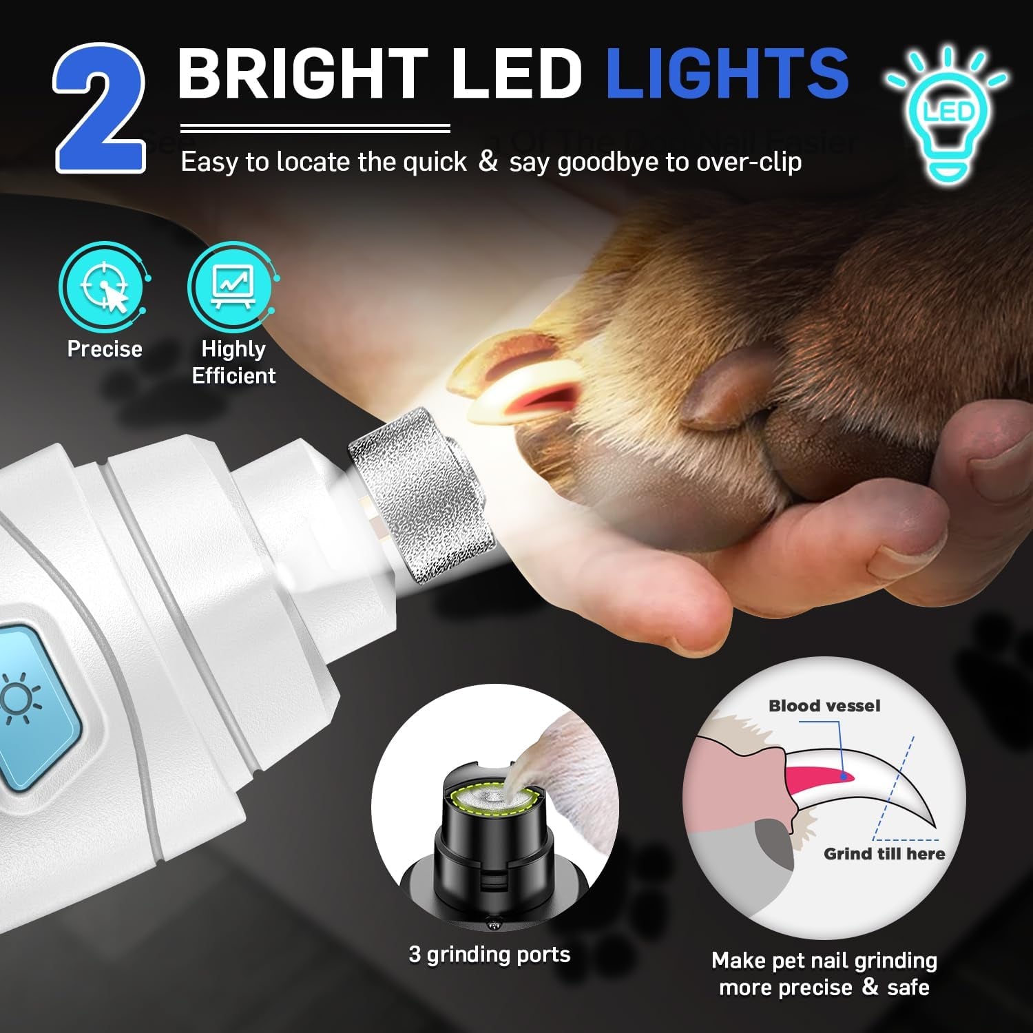 Dog Nail Grinder Super Quiet Dog Nail Trimmers 3 Grinding Wheels 3 Speed Rechargeable Pet Nail Grinder LED Display Dog Nail Clippers Kit for Large Medium Small Dogs Cats Dog Nail File Toenail Clippers