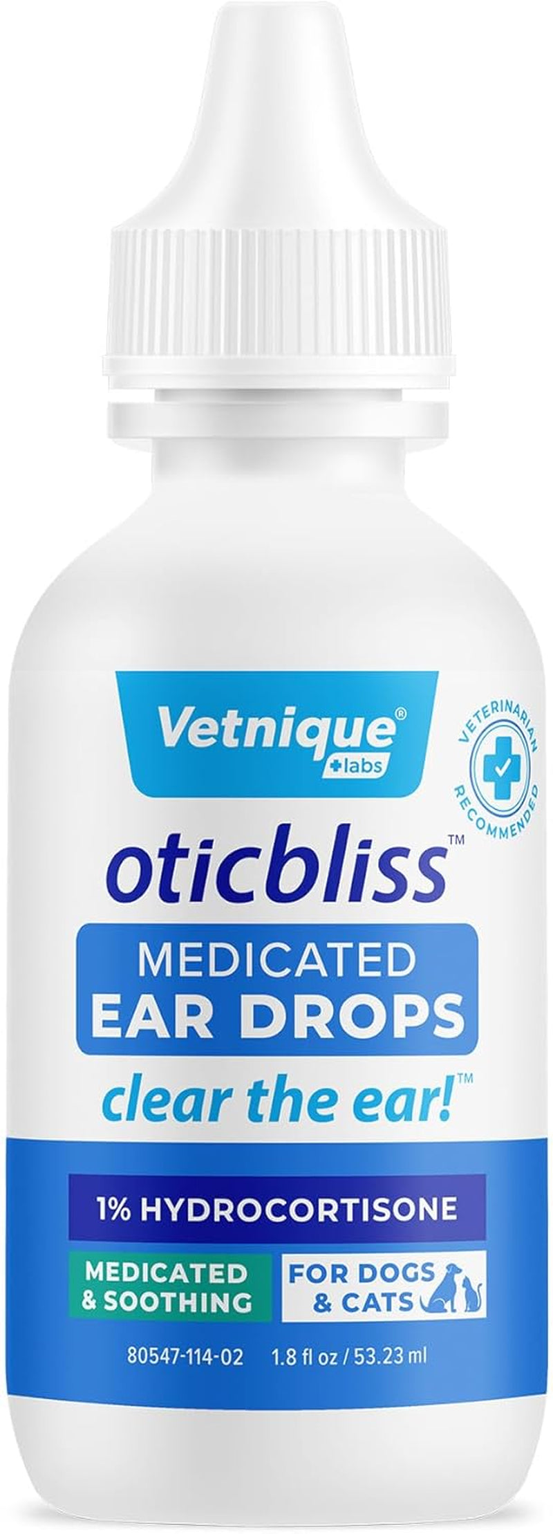 Oticbliss Medicated Cat & Dog Ear Cleaner Drops - Dog Ear Infection Treatment with 1% Hydrocortisone to Soothe Itching, Redness, & Swelling - Vet Recommended