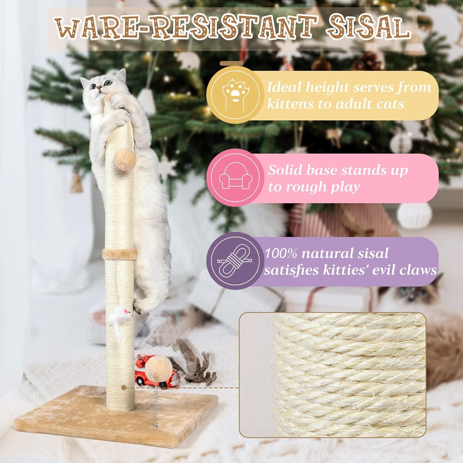 32" Tall Cat Scratching Posts for Indoor Cats, 3-In-1 Vertical Cat Scratching Post with Plush Toys, Premium Sisal Post for Cats at All Ages with Reinforced Stable Base, Beige