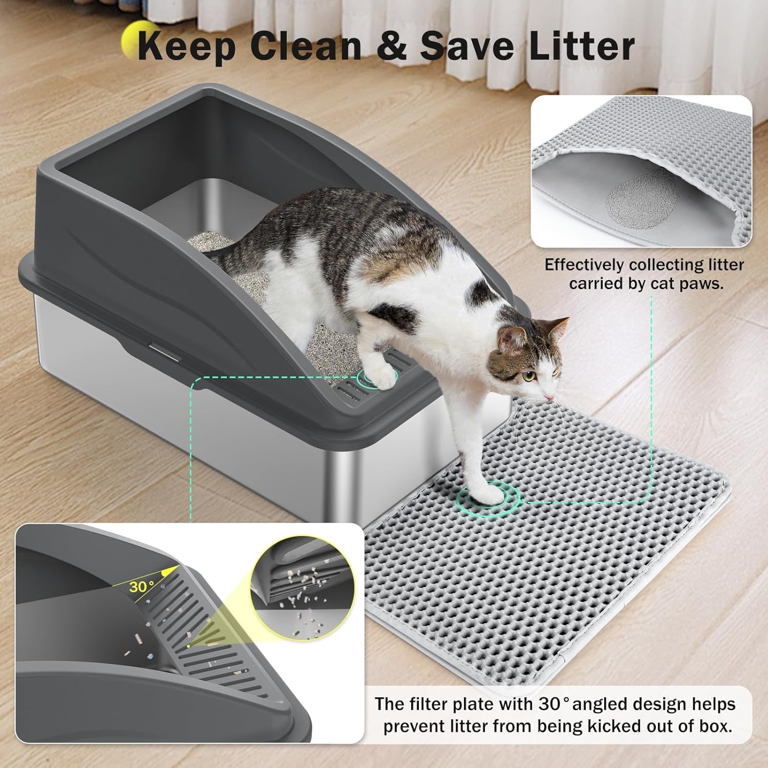 Stainless Steel Litter Box, Extra Large Litter Boxes for Big Cats, Xlarge Metal Cat Litter Box with Lid, Anti-Urine Leakage XL Box with High Sides, Easy Clean, Non-Sticky, Cat Mat & Metal Scoop
