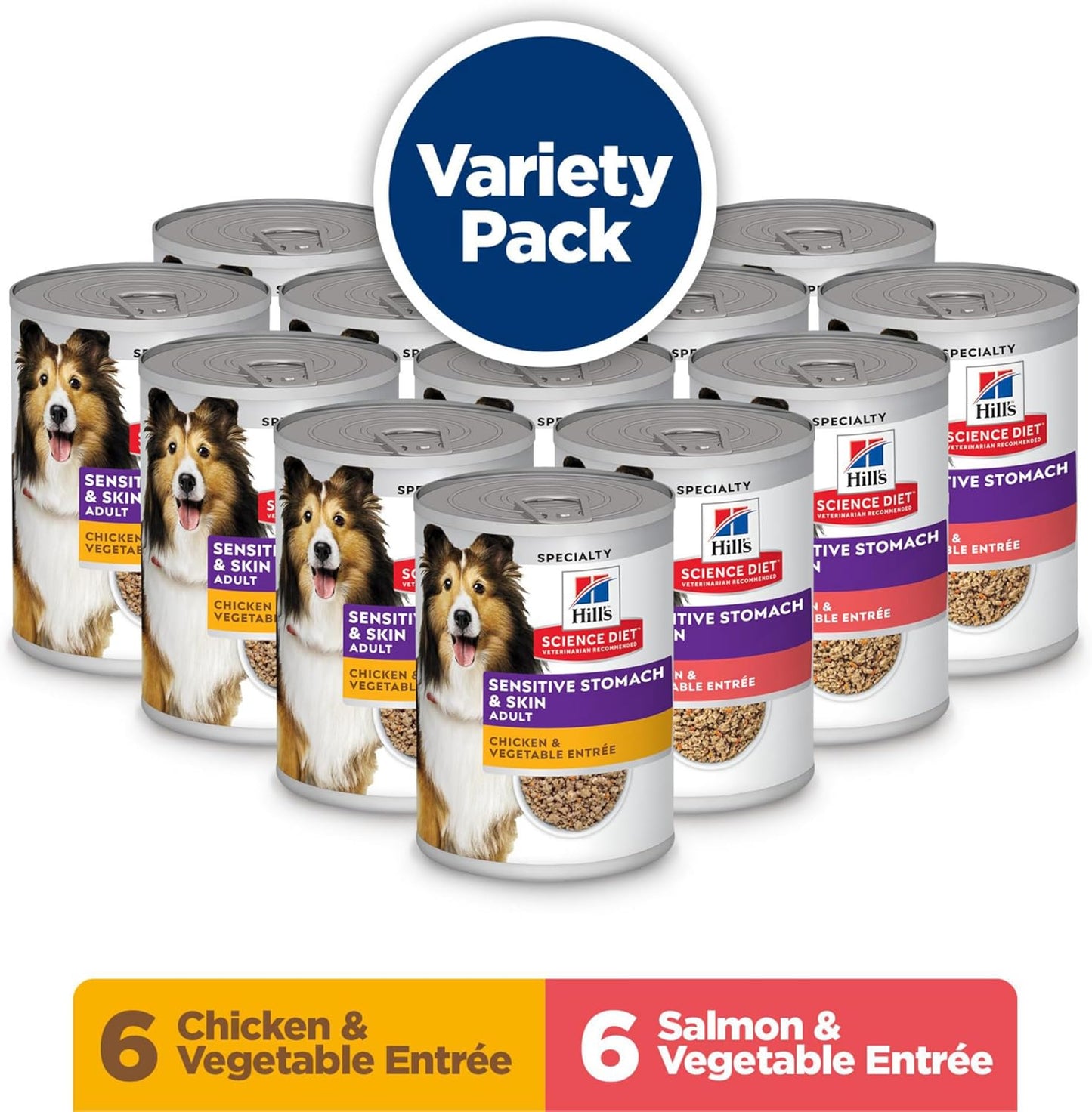 Adult 1-6 Sensitive Stomach & Skin Wet Dog Food Variety Pack: Chicken & Vegetable; Salmon & Vegetable Loaf, 12.8 Oz. Cans, 12-Pack