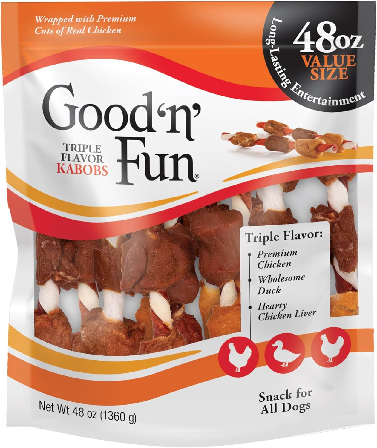 Good ‘N’ Fun Triple Flavor Kabobs Chews for All Dogs, 48 Ounces, Treat Your Dog to Chews Made from Beef Hide, Real Chicken, Pork Hide, Duck and Chicken Liver