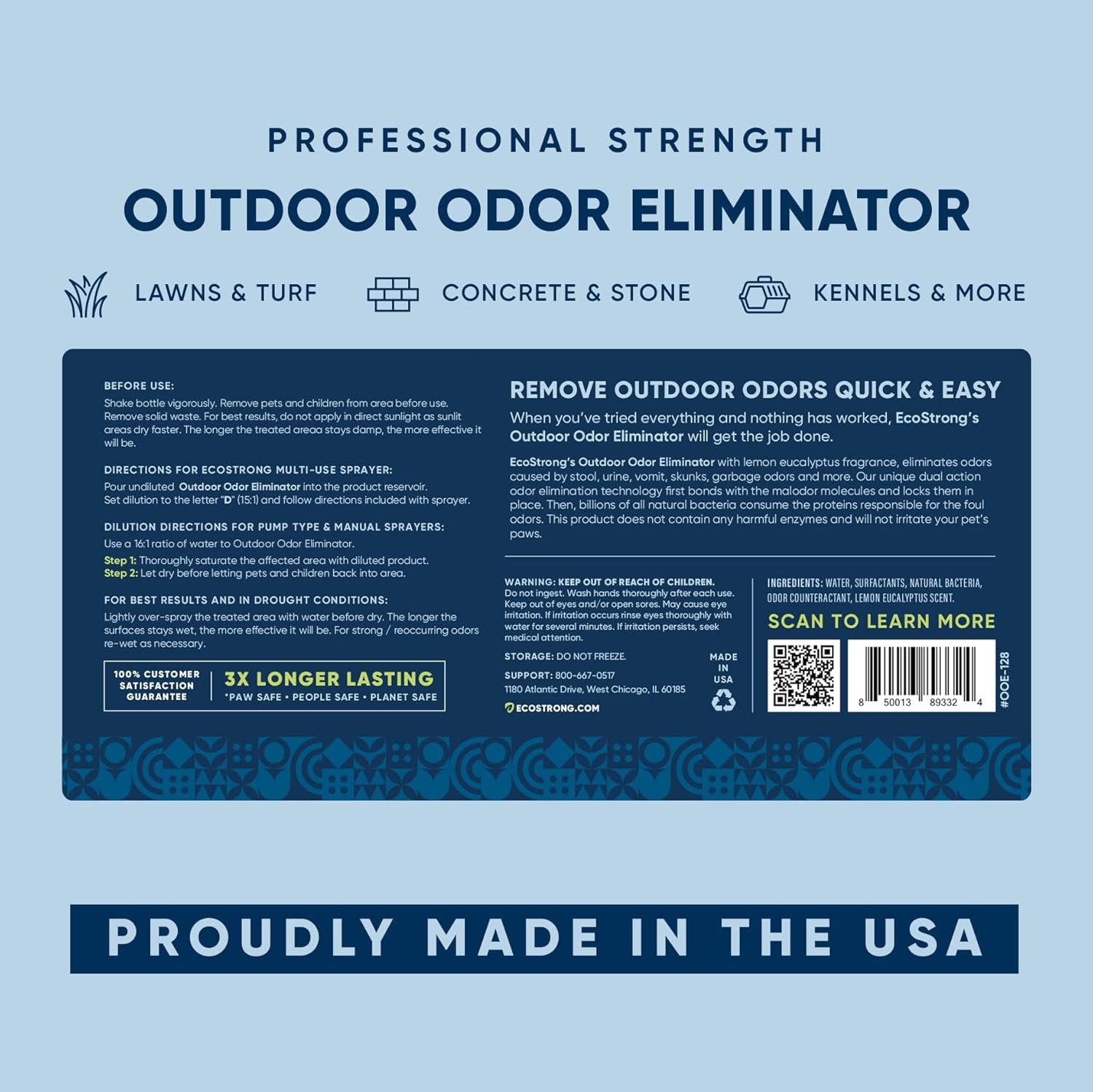 Outdoor Odor Eliminator outside Dog Urine Enzyme Cleaner Powerful Pet, Cat, Animal Scent Deodorizer | Professional Strength for Yard, Turf, Kennels, Patios, Decks (128 OZ)
