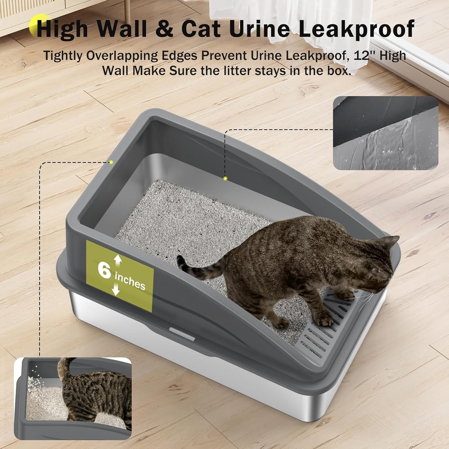 Stainless Steel Litter Box, Extra Large Litter Boxes for Big Cats, Xlarge Metal Cat Litter Box with Lid, Anti-Urine Leakage XL Box with High Sides, Easy Clean, Non-Sticky, Cat Mat & Metal Scoop