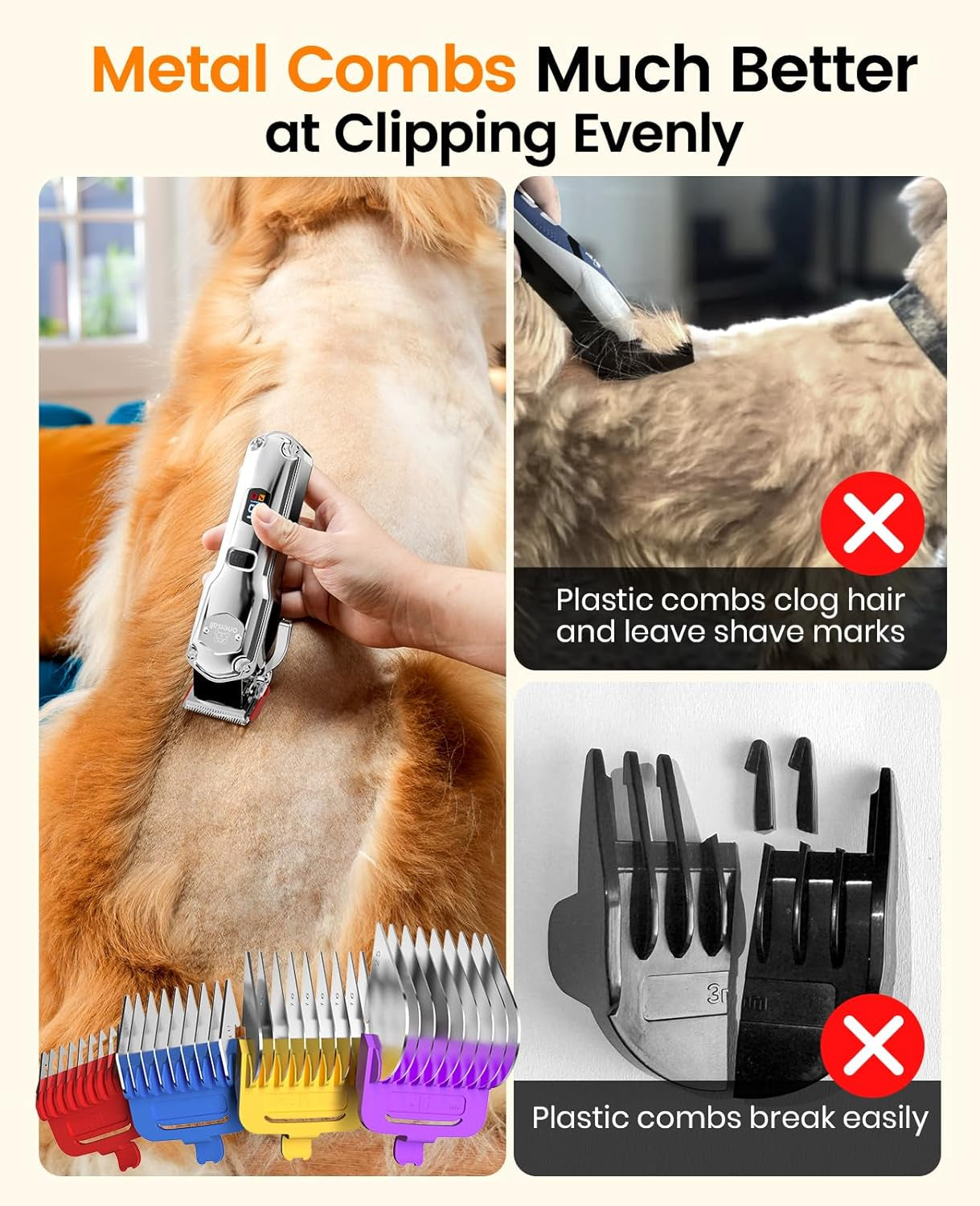 Dog Clippers for Grooming Thick Hair Professional,Cordless/Rechargeable Pet Grooming Kit with Detachable Metal Combs, Low Noise Heavy-Duty Pet Clippers for Thick/Curly/Fine/Wavy Hair (Sliver)