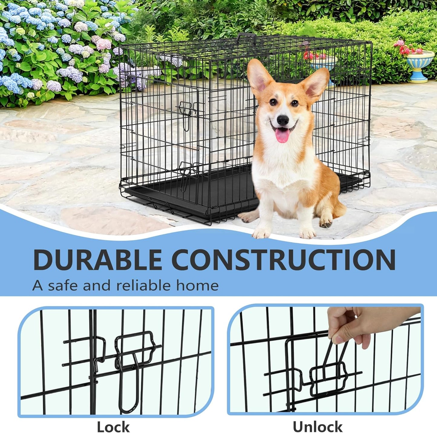 30 Inch Dog Crate Dog Kennel Cage with Double Door Folding Metal Wire Dog Cage with Removable Tray&Divider Panel,Pet Crate for Medium Dogs,Black
