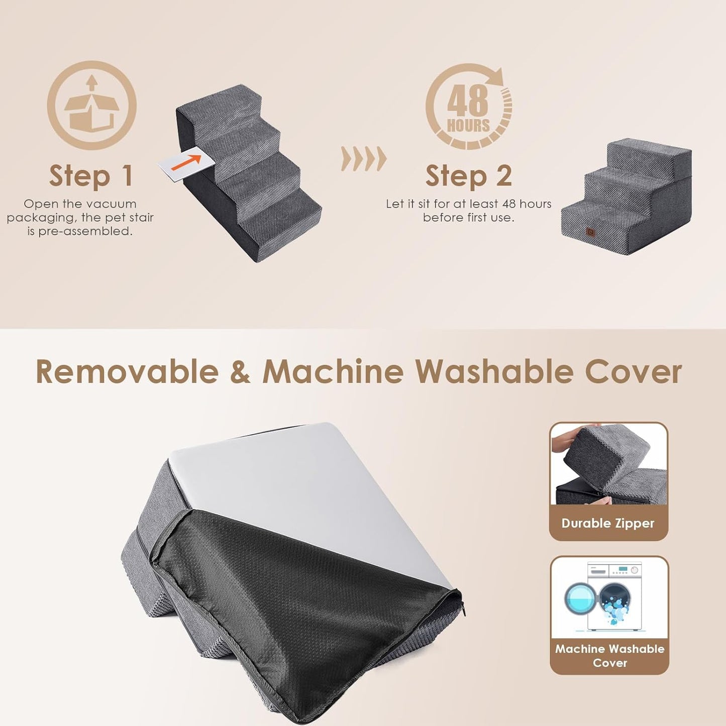 Dog Stairs for Small Dogs 13.5" H, 3-Step Dog Steps for Couch Sofa and Chair, Pet Steps for Medium Cats, Non-Slip Balanced Pet Ramp Indoor, Grey