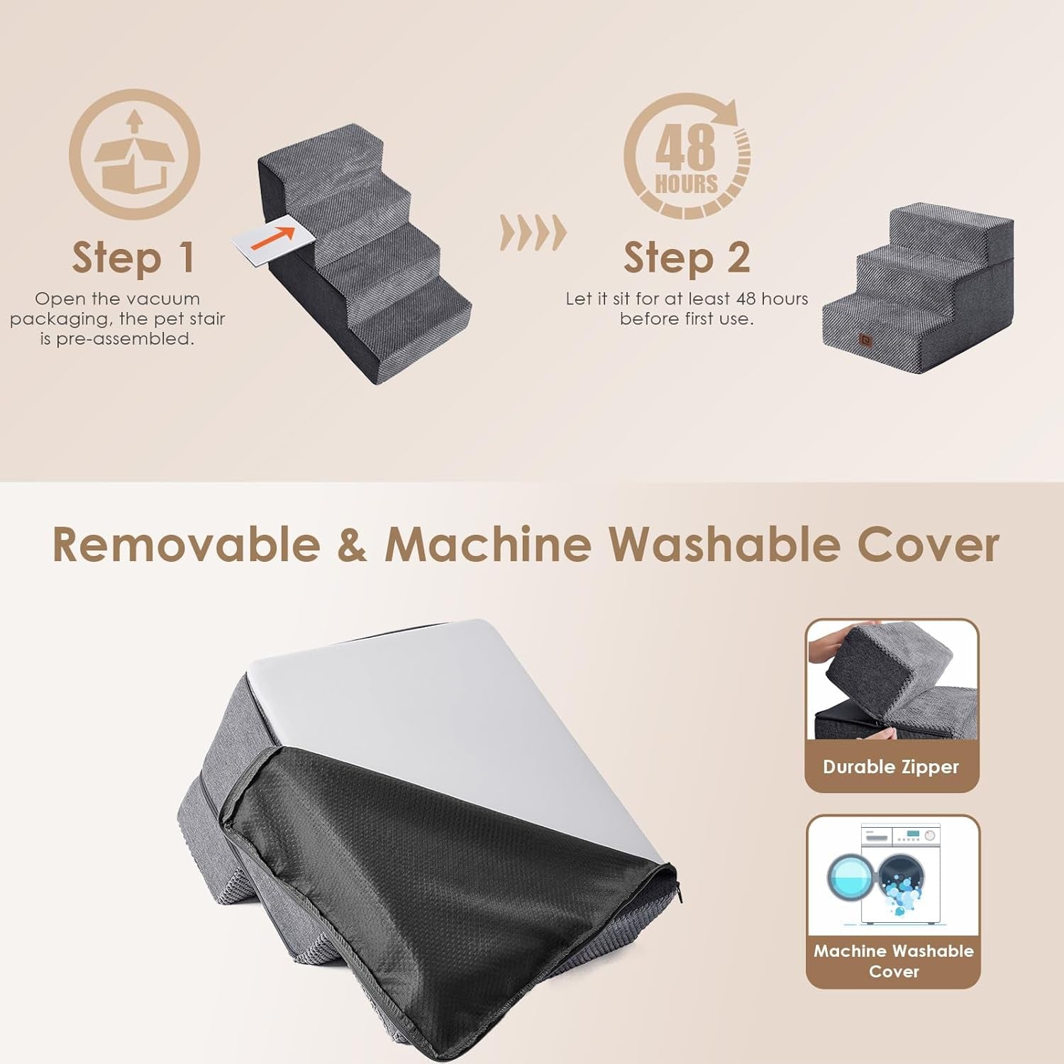 Dog Stairs for Small Dogs 13.5" H, 3-Step Dog Steps for Couch Sofa and Chair, Pet Steps for Medium Cats, Non-Slip Balanced Pet Ramp Indoor, Grey