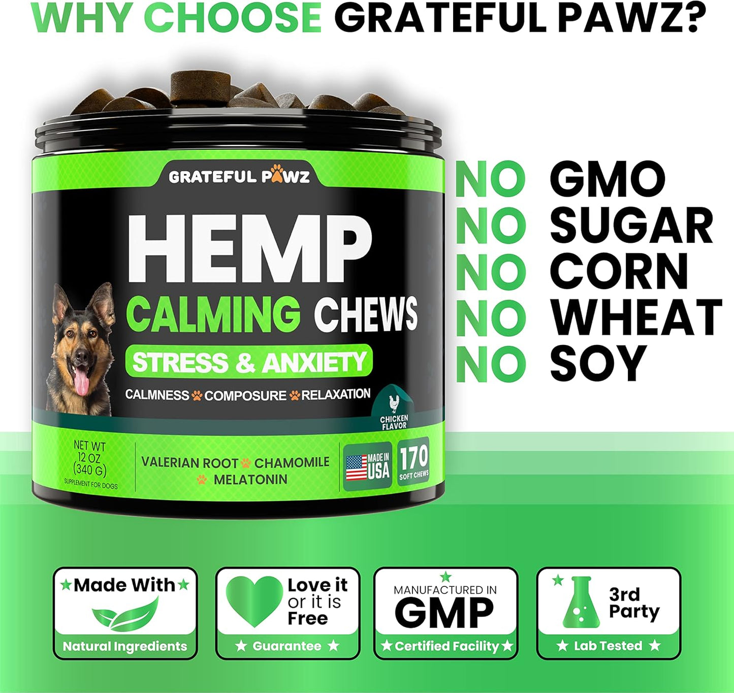 Hemp Calming Chews for Dogs - Dog Calming Chews - 170 Anxiety Relief Treats with Hemp Oil - Sleep Aid - Advanced Health Joint Support Supplement - Health & Wellness