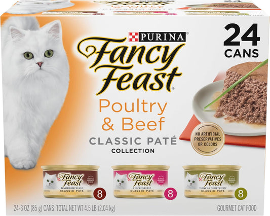 Poultry and Beef Feast Classic Pate Collection Grain Free Wet Cat Food Variety Pack - (Pack of 24) 3 Oz. Cans