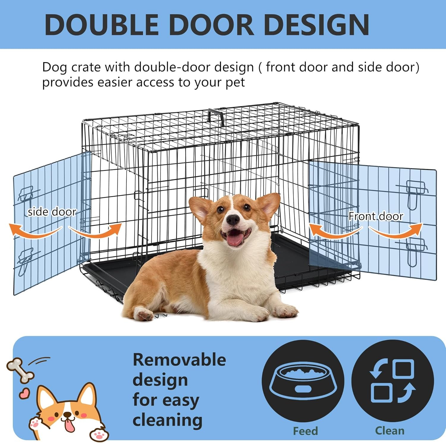 30 Inch Dog Crate Dog Kennel Cage with Double Door Folding Metal Wire Dog Cage with Removable Tray&Divider Panel,Pet Crate for Medium Dogs,Black