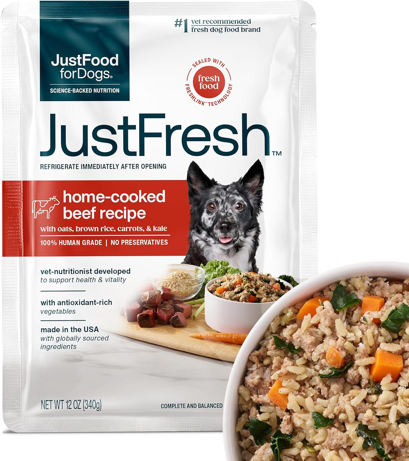 Justfresh Wet Dog Food, Fresh Pet Meals and Toppers with No Preservatives, Resealable Package, Human Grade, Home-Cooked Beef, 12 Oz - 7 Pack
