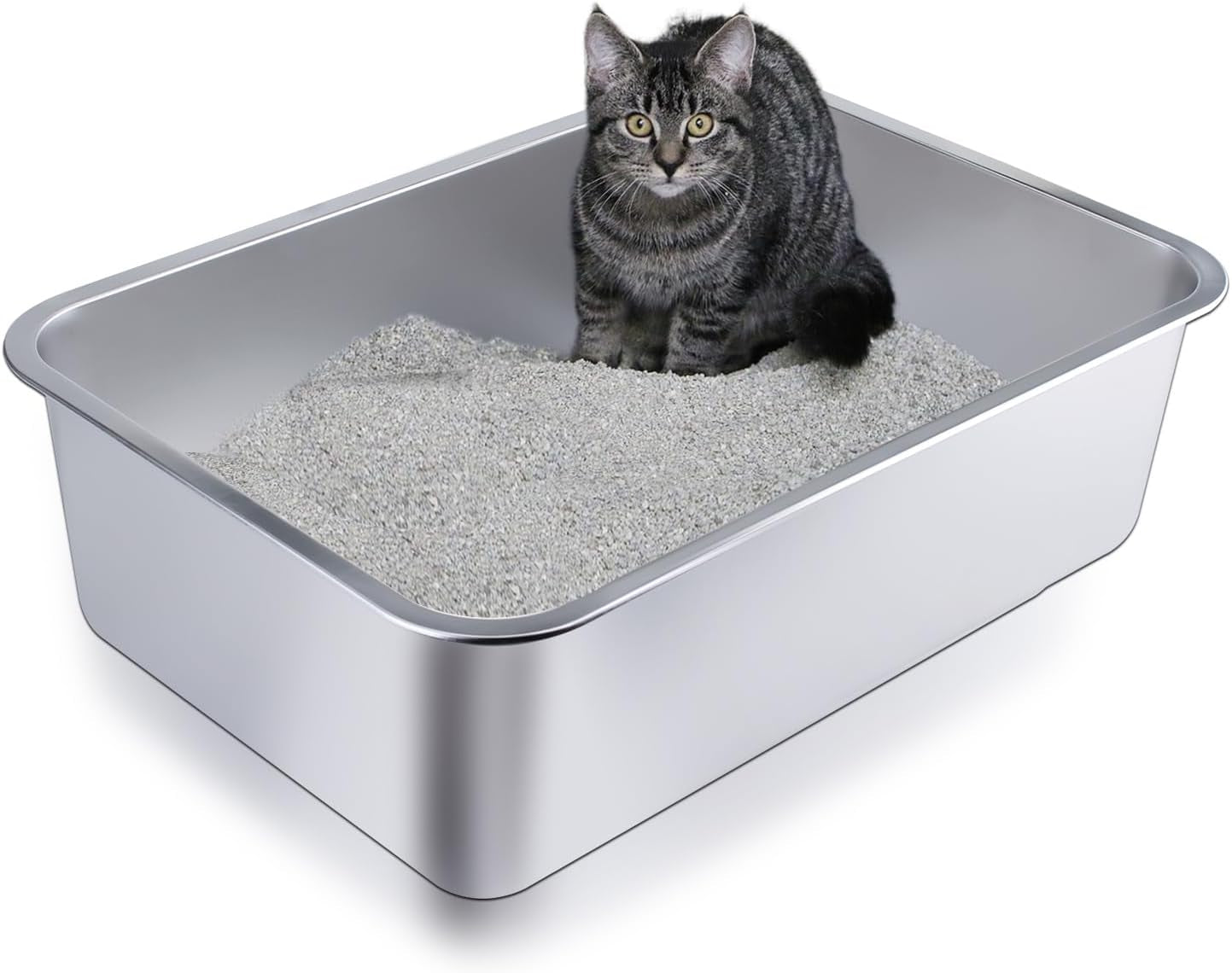 Stainless Steel Cat Litter Box - Large Metal High-Sided Litter Pan for Cats, Rabbits, and Pets, Non-Stick, Odor-Free, Easy to Clean, Splash-Proof, Sturdy and Durable Indoor Cat Toilet Supplies