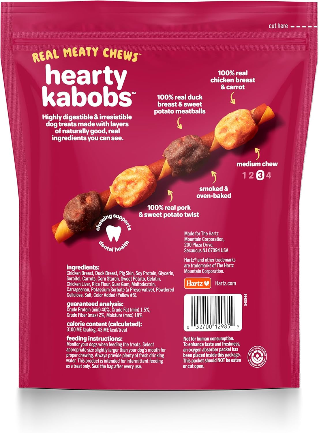 Oinkies Hearty Kabob Dog Treats with 100% Real Chicken, Duck, Sweet Potato & Carrot, Rawhide-Free, Natural Dog Treats, Highly Digestible Long Lasting Chews, 18 Count