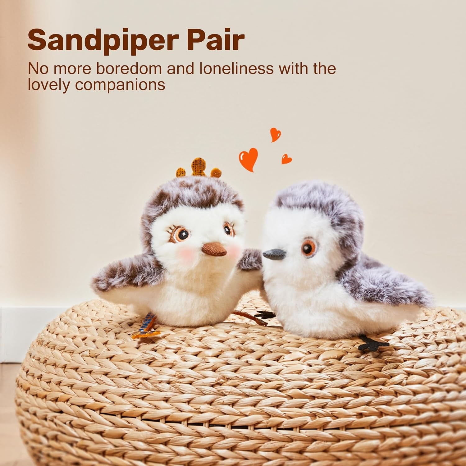 Cat Toys 2 Pcs Flapping Sandpiper Pair-Mate, Lifelike Birds Chirp, Chargeable Touch Activated Kitten Fun Interactive Kitty Exercise with Catnip for All Breeds