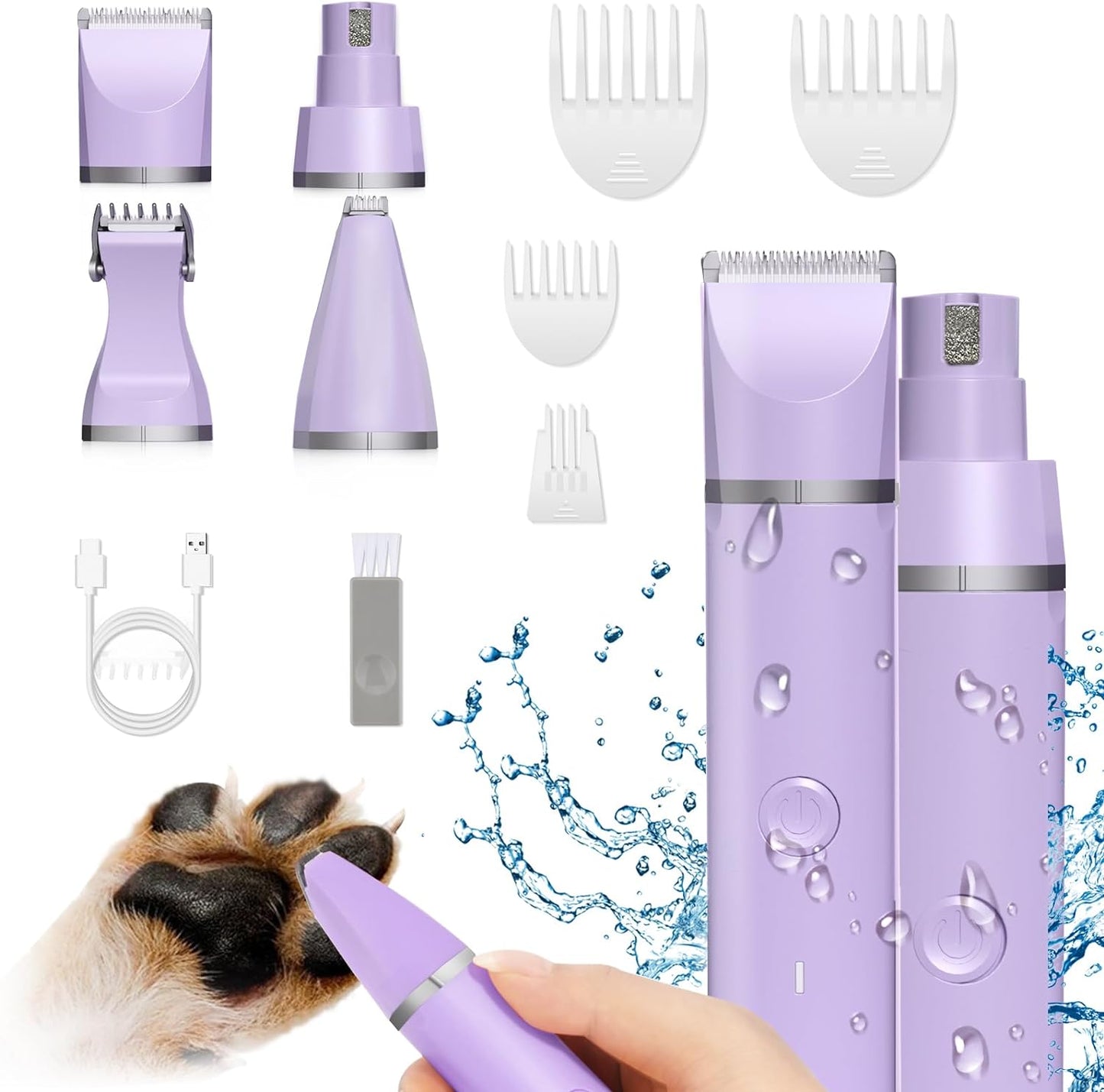 Dog Grooming Clippers Kit-Electric Rechargeable Cat Trimmer Tools-Cordless Quiet Pet Nail Paw Grinder-4 in 1 Multifunctional Low Noise Shaver-Razor for Feet Face Ears Toenail Eye