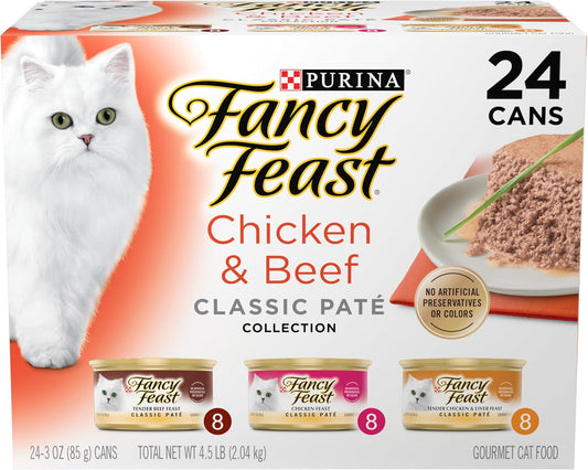 Purina  Chicken and Beef Classic Pate Collection Grain Free Wet Cat Food Variety Pack - (Pack of 24) 3 Oz. Pull-Top Cans