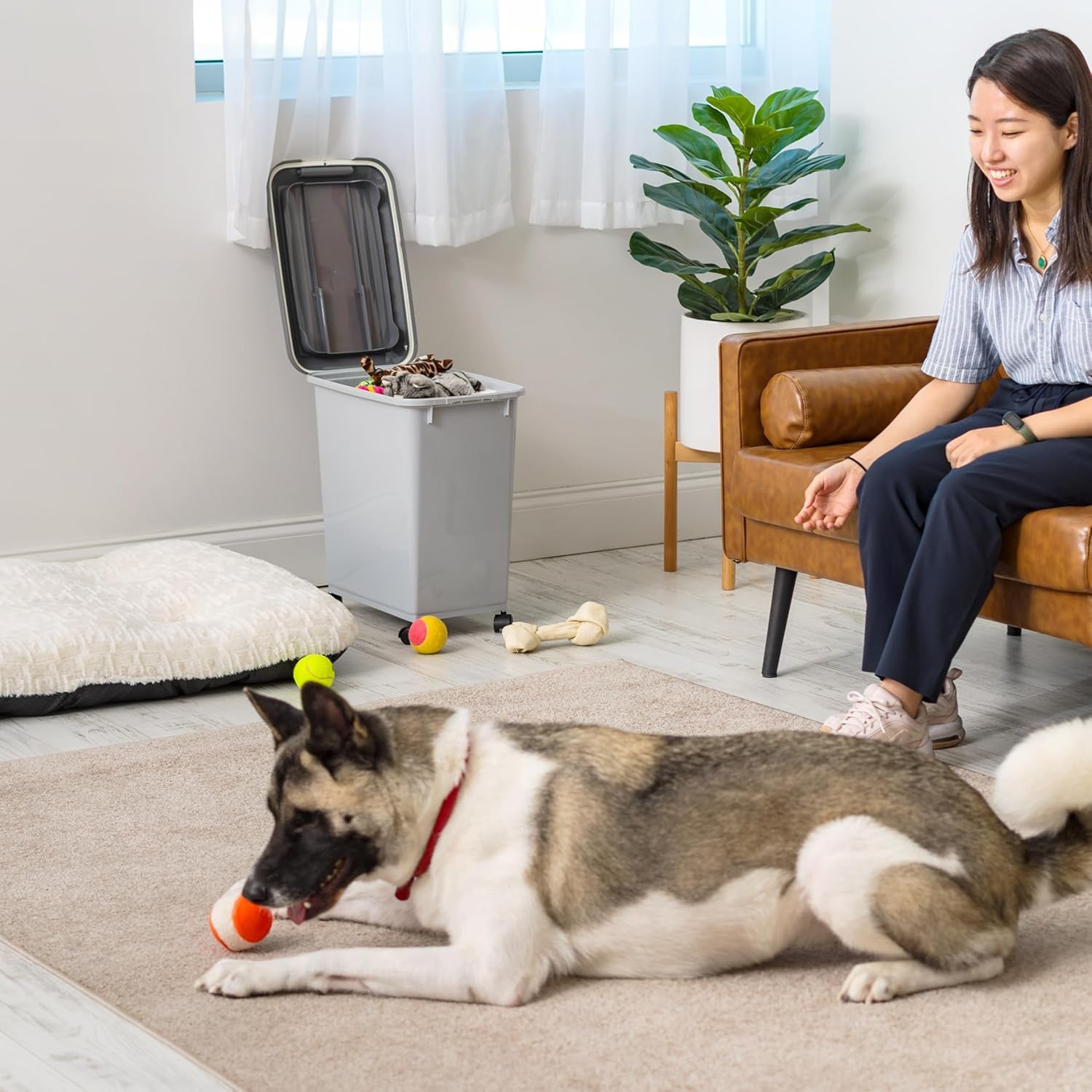 Dog Food Storage Container with Wheels, Airtight Lid, 2-Cup Scoop, up to 30 Pounds Pet Food Storage, Built in Scoop Storage in Lid, Versatile Pet Food Bin, Portable, BPA Free, Gray/Dark Gray