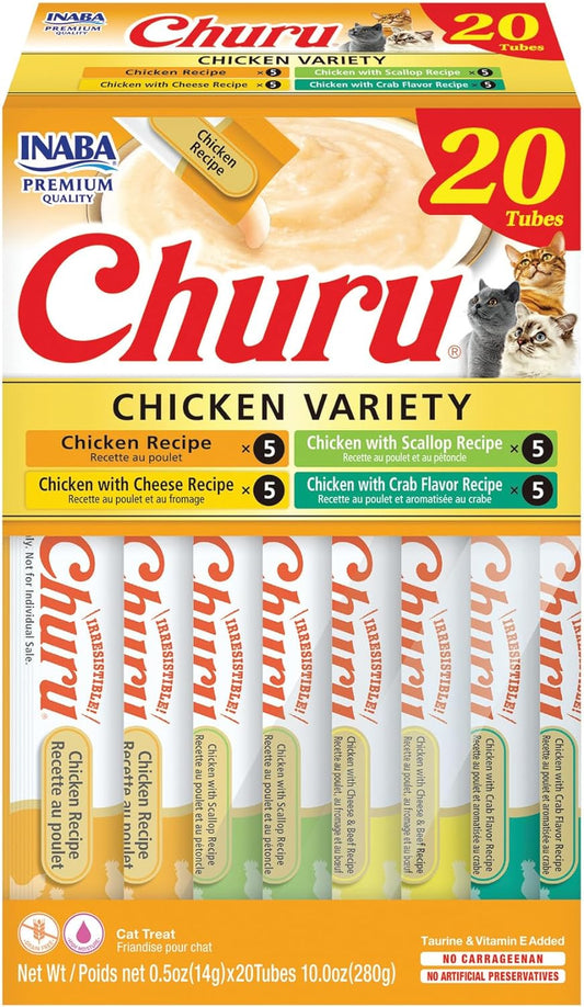 Churu Cat Treats, Lickable, Squeezable Creamy Purée Cat Treat with Green Tea Extract & Taurine, 0.5 Ounces Each Tube, 20 Tubes, Chicken Variety Box
