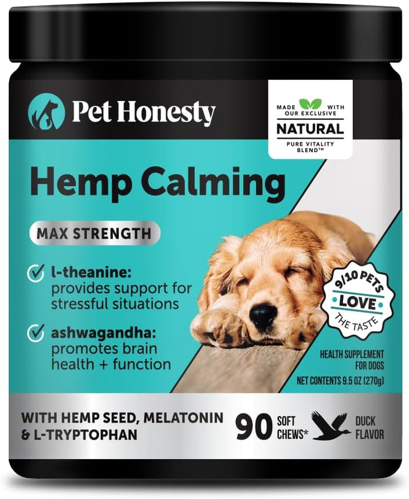 Natural Hemp Calming Chews for Dogs Maximum Strength - Hemp & Melatonin Dog Anxiety Relief - Calming Aid Supplement with Valerian Root - Stress, Separation & Thunder Support - (Duck 90 Ct)