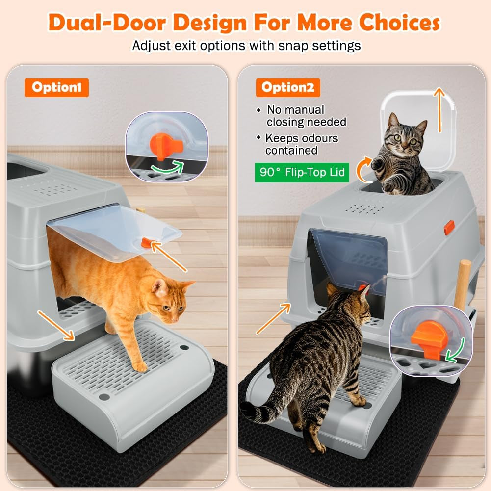 XL Stainless Steel Litter Box, Top Exit Design, Non Stick, No Smell, Easy Cleaning, Activated Charcoal Odor Control Design, Half/Fully Enclosed Design, Footboard, Trapping Mat & Scoop Included
